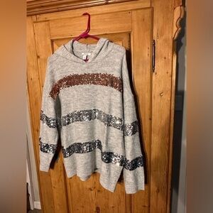 Nine West Hooded Sweater w/Stripes in Copper & Silver Sequins Size Large NWOT